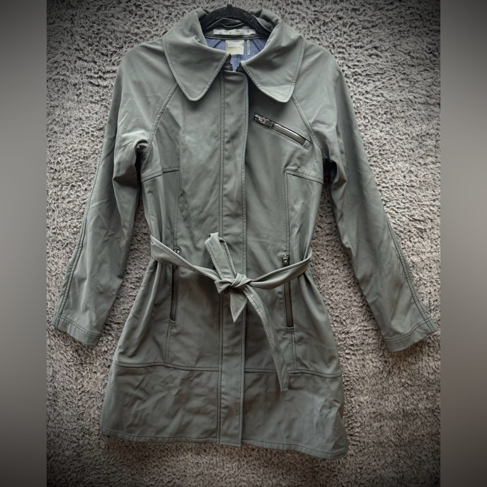 Athleta Waterproof Missoula Gray Pleated Belted Utility Trench Rain Coat Sz M
